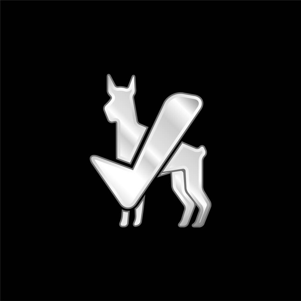 Gran perro silueta negra con signo de verificación plateado icono metálico - Vector, imagen