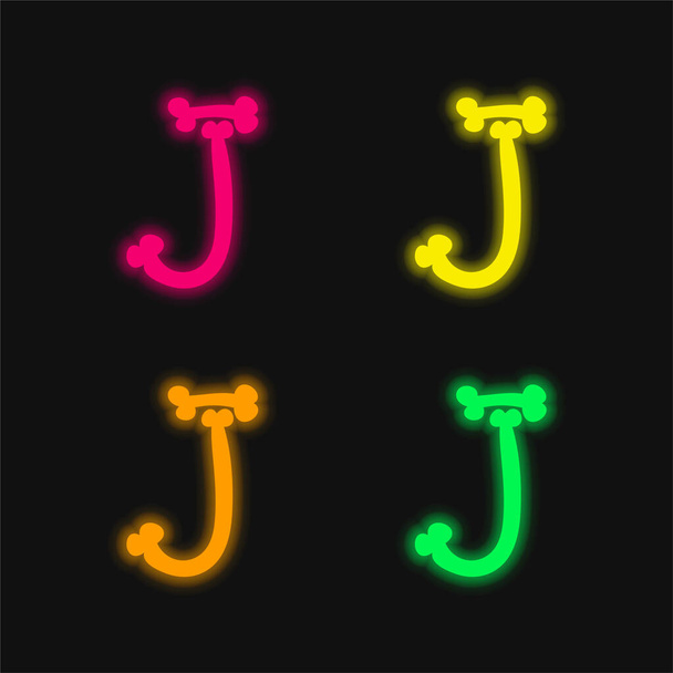 Bones Halloween Typography Letter J four color glowing neon vector icon - Vector, Image