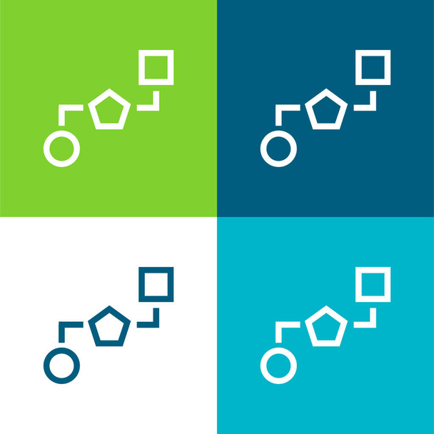 Schémas de blocs de trois formes géométriques reliées par des lignes Ensemble d'icônes minimal plat de quatre couleurs - Vecteur, image