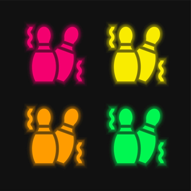 Bowling Pins four color glowing neon vector icon - Vector, Image