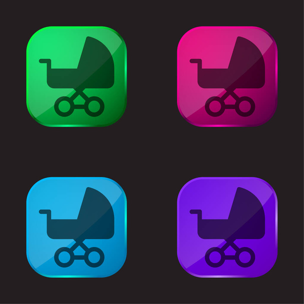 Bébé Carriage icône de bouton en verre quatre couleurs - Vecteur, image
