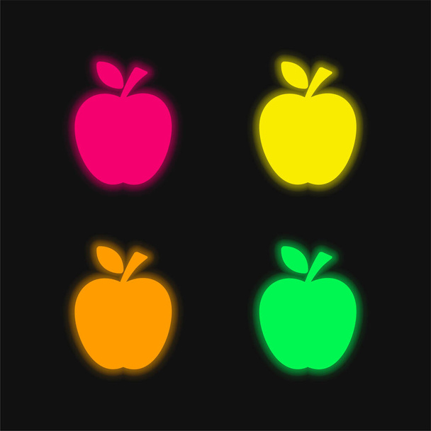 Apple Black Silhouette With A Leaf four color glowing neon vector icon - Vector, Image