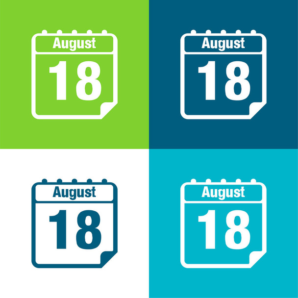 18 Αυγούστου Ημερήσιο Ημερολόγιο Page Interface Σύμβολο Επίπεδη τεσσάρων χρωμάτων ελάχιστο σύνολο εικονιδίων - Διάνυσμα, εικόνα