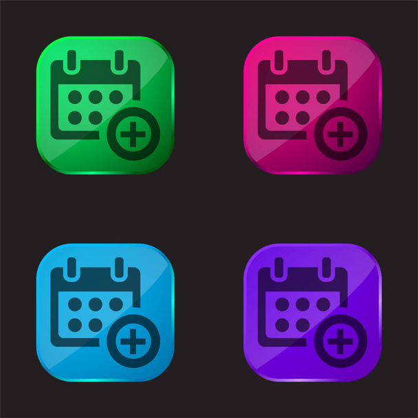 Eseménynaptár hozzáadása Symbol For Events négy színes üveg gomb ikon - Vektor, kép