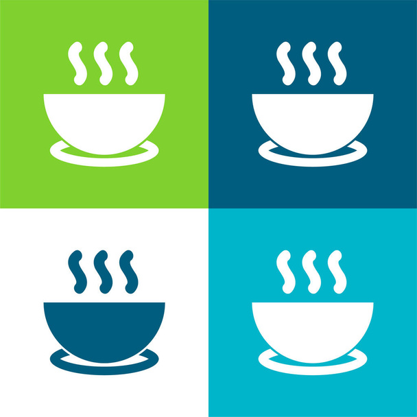 Bol De Soupe Chaude Sur Une Assiette Ensemble minimal d'icônes plat de quatre couleurs - Vecteur, image