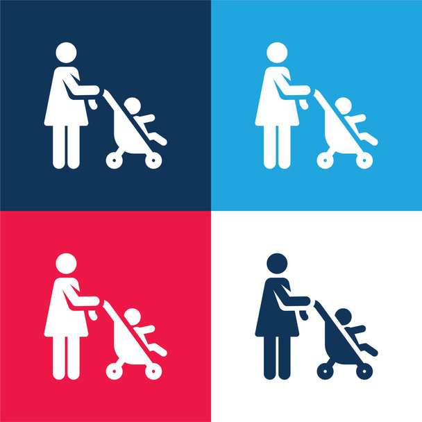 Baby καρότσι μπλε και κόκκινο τεσσάρων χρωμάτων ελάχιστο σύνολο εικονιδίων - Διάνυσμα, εικόνα