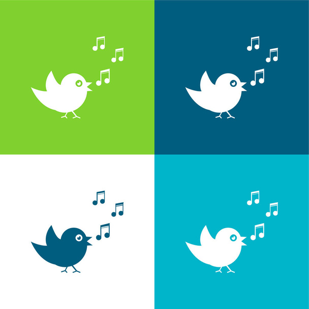 Vogel zingen met muzieknoten Vlak vier kleuren minimale pictogram set - Vector, afbeelding