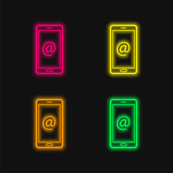 携帯電話の画面上のArrobaシンボル4色の輝くネオンベクトルアイコン - ベクター画像