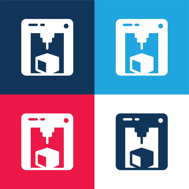 3d Printer blauw en rood vier kleuren minimale pictogram set - Vector, afbeelding