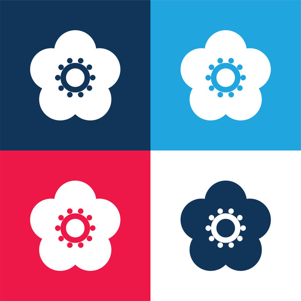 Virágos kék és piros négy szín minimális ikon készlet - Vektor, kép