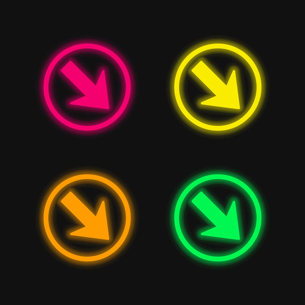 Freccia puntando verso il basso a destra in un cerchio quattro colori incandescente icona al neon vettore - Vettoriali, immagini