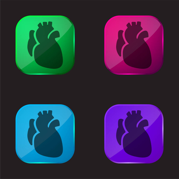 Anatomické srdce čtyři barvy skleněné tlačítko ikona - Vektor, obrázek