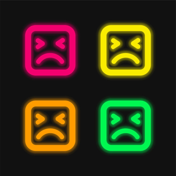 Angry Face Of Square Shape Outline four color glowing neon vector icon - Vector, Image