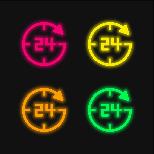 24 Heures quatre couleur brillant icône vectorielle néon - Vecteur, image