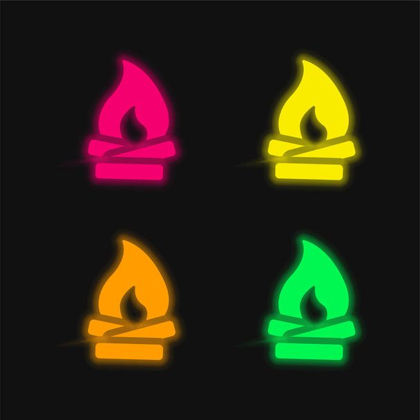 Bonfire négy színű izzó neon vektor ikon - Vektor, kép