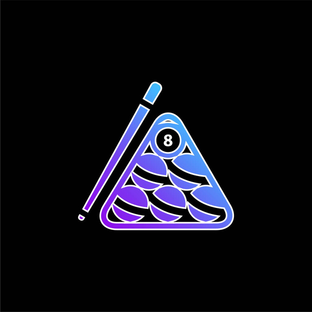 Bolas de billar conjunto dentro del triángulo y el palo en un lado azul gradiente vector icono - Vector, Imagen