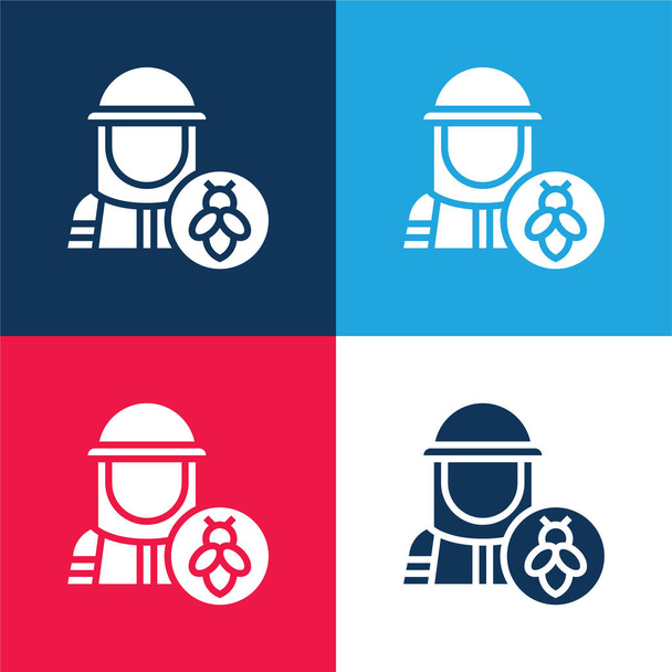 Beekeeper blue and red four color minimal icon set - Vector, Image