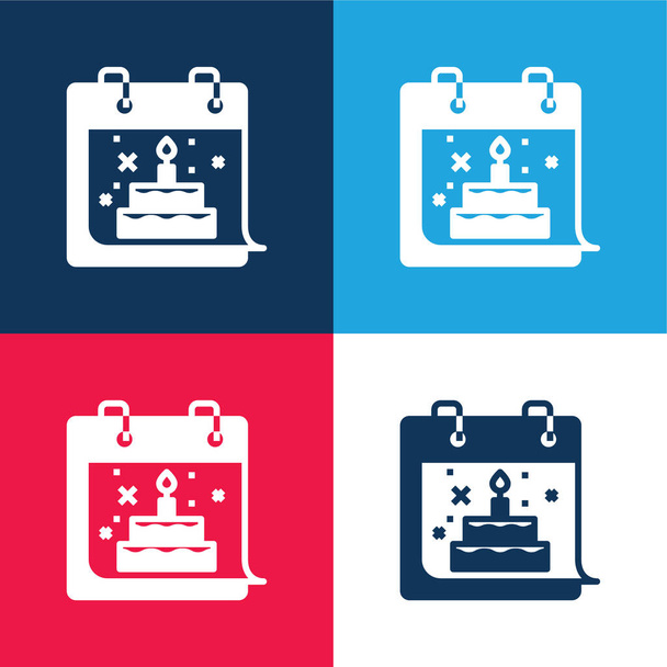 Cumpleaños azul y rojo de cuatro colores mínimo icono conjunto - Vector, Imagen