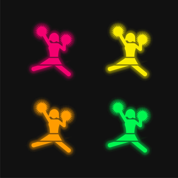 Amerikai futball szurkolólány Ugrás négy színes izzó neon vektor ikon - Vektor, kép
