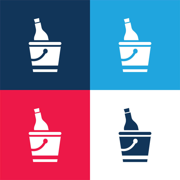 Botella y cubo de hielo azul y rojo conjunto de iconos mínimo de cuatro colores - Vector, imagen
