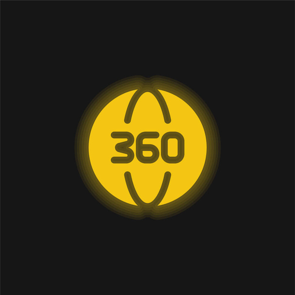 360 Degrees yellow glowing neon icon - Vector, Image