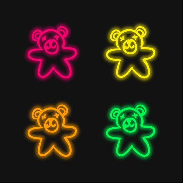 Bear Toy four color glowing neon vector icon - Vector, Image