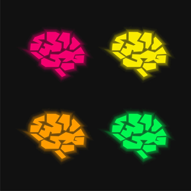 Cerebro de cuatro colores brillante icono del vector de neón - Vector, Imagen