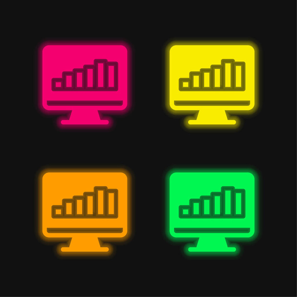 Balkendiagramm auf dem Bildschirm leuchtende Neon-Vektorsymbole in vier Farben - Vektor, Bild