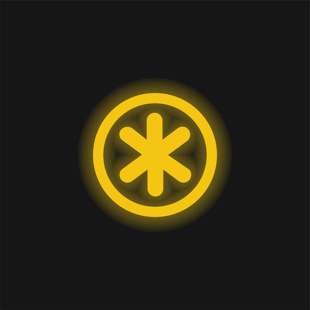 Символ звезды астериск в круговой кнопке желтый светящийся неоновый значок - Вектор,изображение