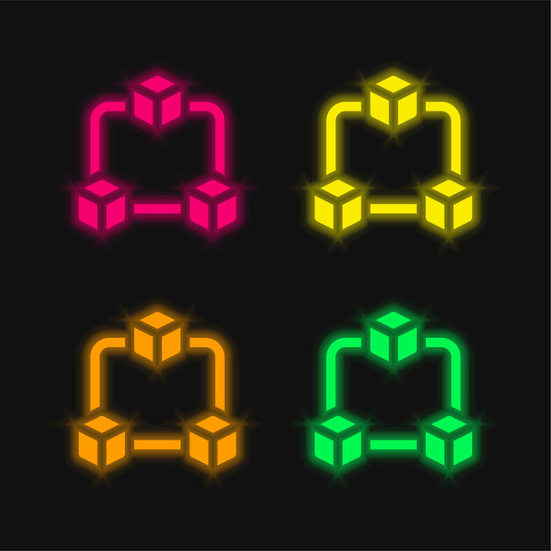 Blokklánc négy szín izzó neon vektor ikon - Vektor, kép