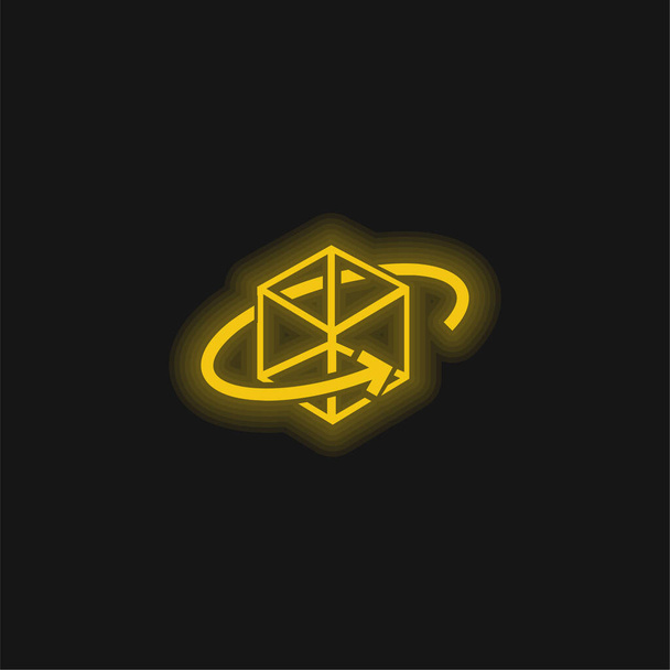 円形の矢印と3Dプリントキューブ黄色の輝くネオンアイコンの周り - ベクター画像
