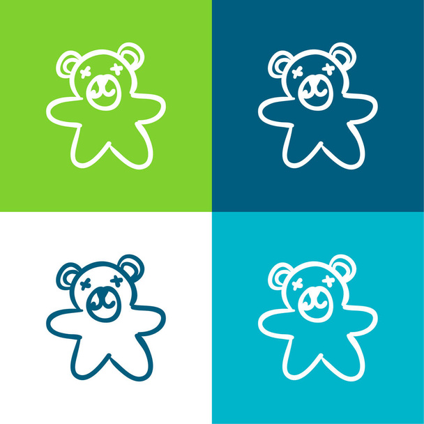 Медвежья рука нарисованная игрушка Плоская четырехцветная минимальный набор значков - Вектор,изображение