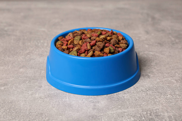 Dry food in blue pet bowl on grey surface - Фото, изображение
