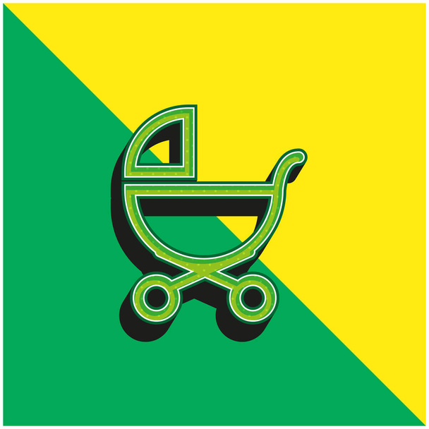 Bebé cochecito contorno de vista lateral verde y amarillo moderno vector 3d icono logo - Vector, imagen
