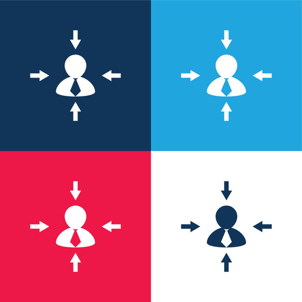 Pfeile in verschiedene Richtungen Pointing To Businessman blau und rot vier Farben minimalen Symbolsatz - Vektor, Bild