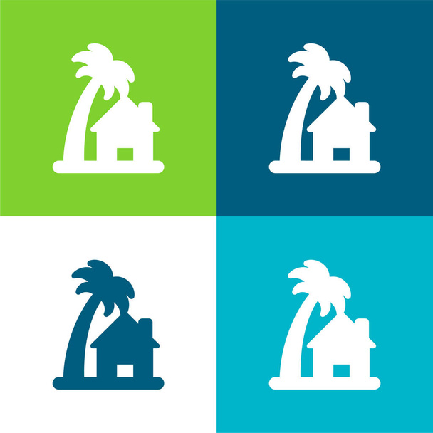 Casa de playa Piso de cuatro colores mínimo icono conjunto - Vector, Imagen