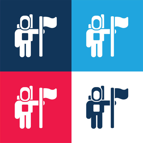 Αστροναύτης Space Traveller με μια σημαία μπλε και κόκκινο τεσσάρων χρωμάτων ελάχιστο σύνολο εικονιδίων - Διάνυσμα, εικόνα
