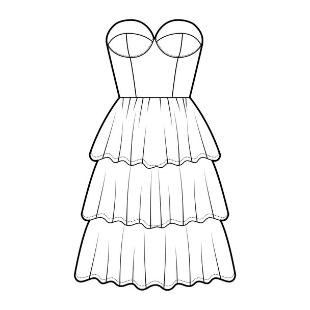 Olkaimeton mekko bustier tekninen muoti kuvitus varustettu elin, 3 rivi polven pituus röyhelö porrastettu hame. Tasainen - Vektori, kuva