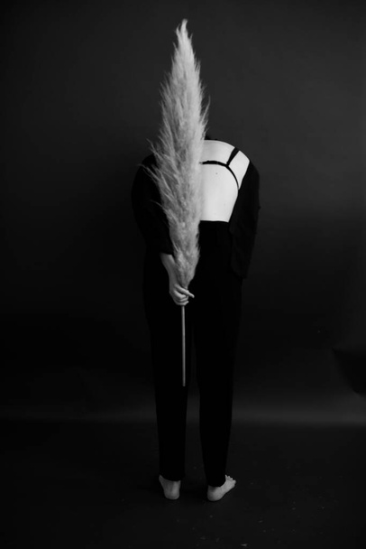 a girl with a bare back and a feather of dried flowers on a dark background, a fashionable film photo - Fotoğraf, Görsel