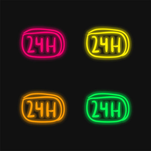 24 Hours Hand Drawn Commercial Signal four color glowing neon vector icon - Vector, Image
