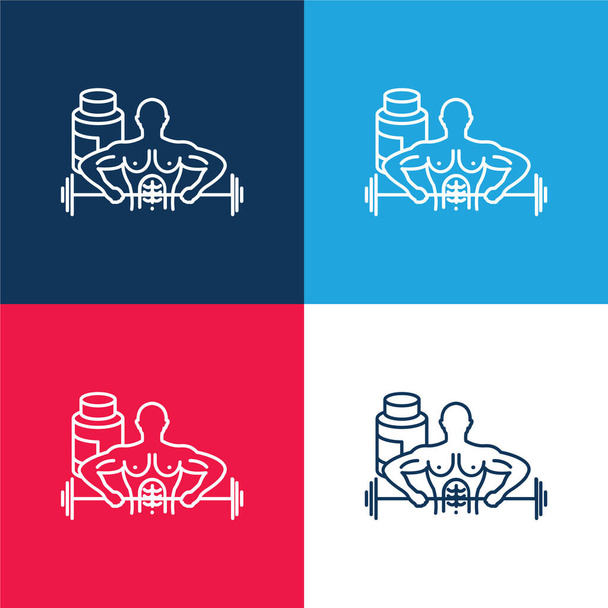 Bodybuilder Carrying Dumbbell blue and red four color minimal icon set - Vector, Image