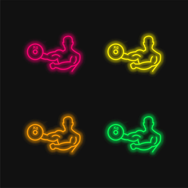 ボディビルダー片手で重量を運ぶ概要4色の輝くネオンベクトルアイコン - ベクター画像
