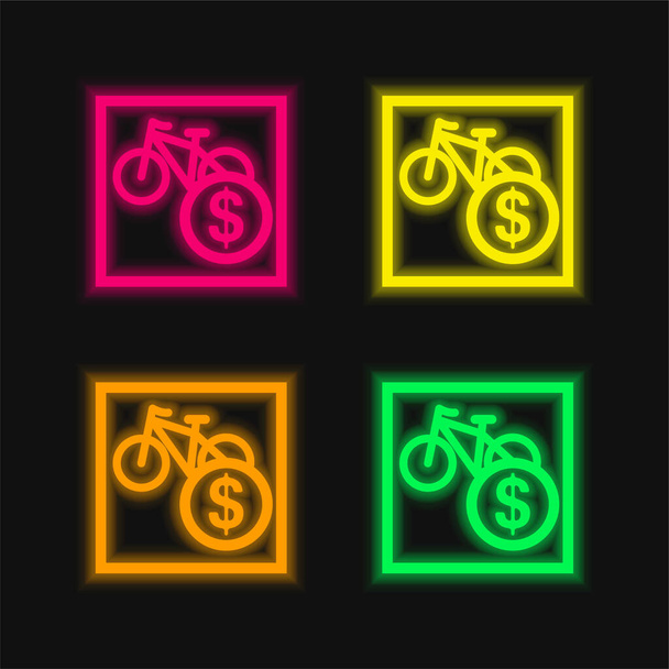 Fahrräder Verkauf Zeichen in Dollar vier Farben leuchtenden Neon-Vektor-Symbol - Vektor, Bild