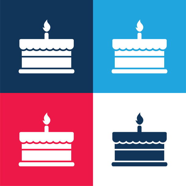 День рождения торт с одной горящей свечи синий и красный четыре цвета минимальный набор значок - Вектор,изображение