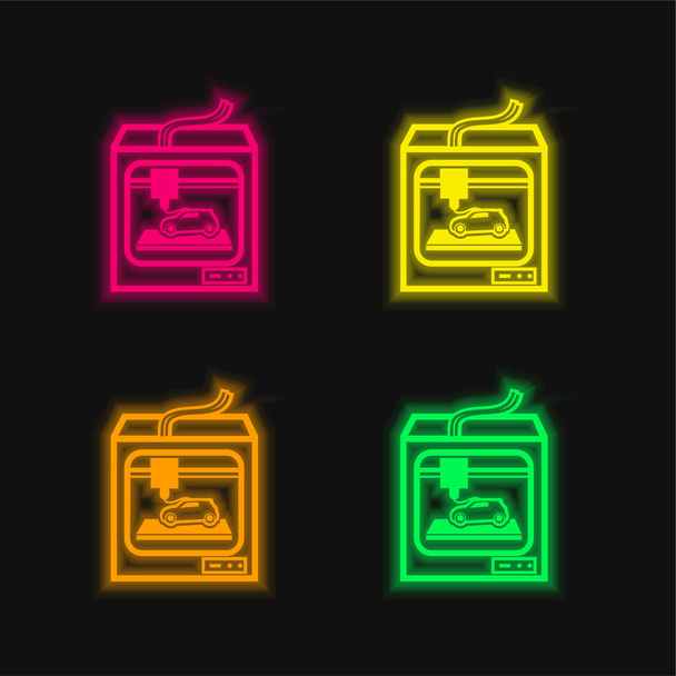 3d Yazıcı Aracı Bir Araba Yazdırma Dört renk neon vektör simgesi - Vektör, Görsel