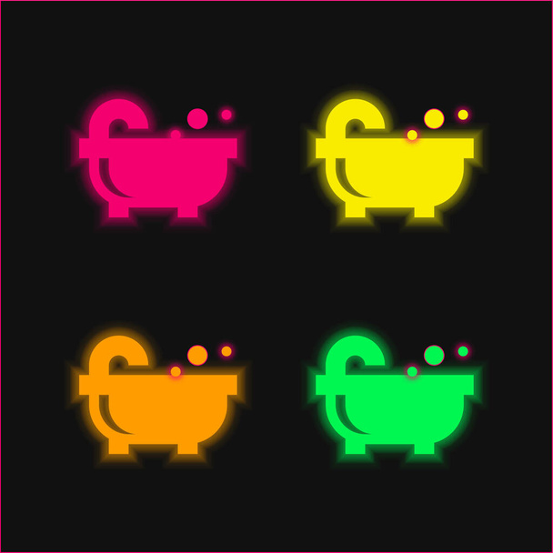 Fürdőkád négy színű izzó neon vektor ikon - Vektor, kép