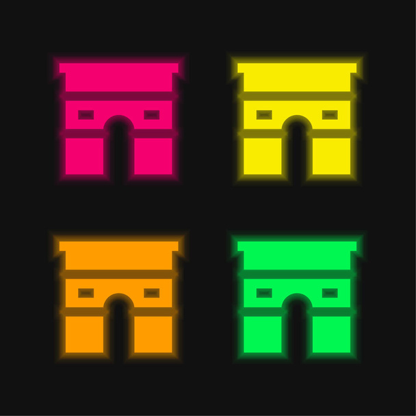Ark De Triomphe dört renk parlayan neon vektör simgesi - Vektör, Görsel