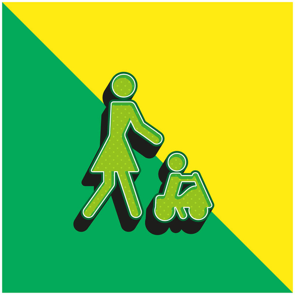 赤ちゃんは彼の母親とおもちゃの車で遊ぶ緑と黄色の現代的な3Dベクトルアイコンのロゴ - ベクター画像