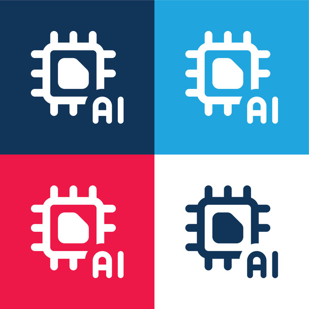 Kunstmatige Intelligentie blauw en rood vier kleuren minimale pictogram set - Vector, afbeelding