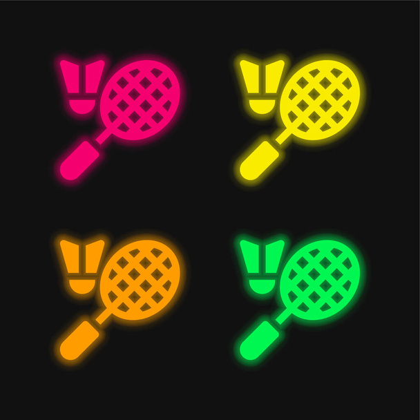 Badminton čtyři barvy zářící neonový vektor ikona - Vektor, obrázek